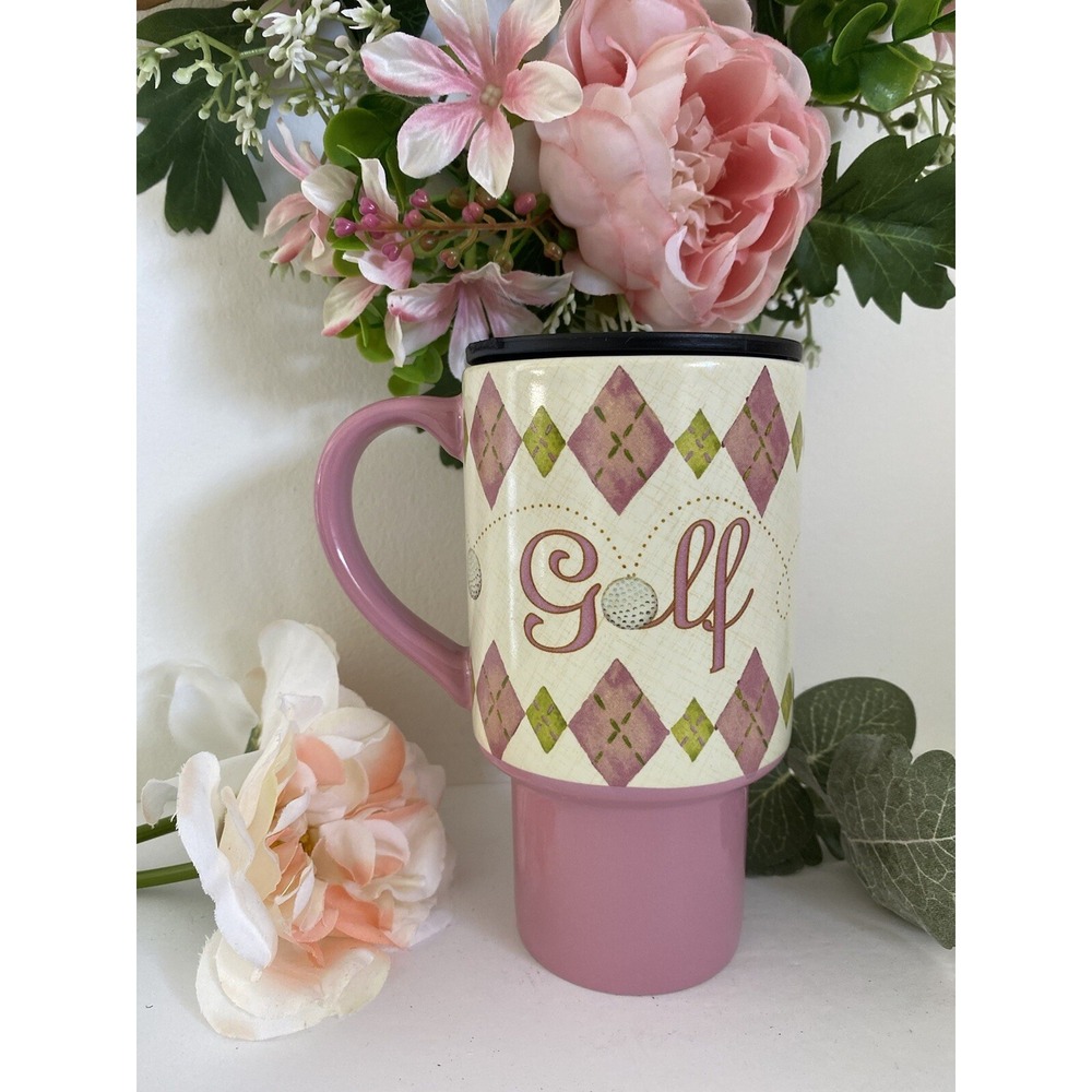 Lang Golf Travel Mug Golf On The Go Pink Argyle Ceramic Lid Golf Cart Drink NWOT